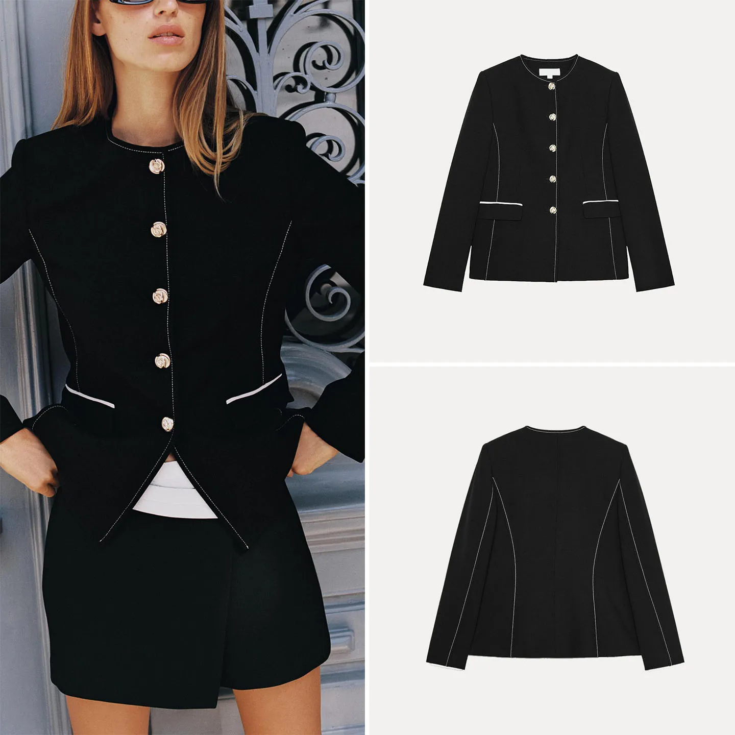 

Ele Faionable Women's Suit Jaet Z 2025 New Arrival Embellied Stitching Casual Sle Stand Fit Ladies Coat