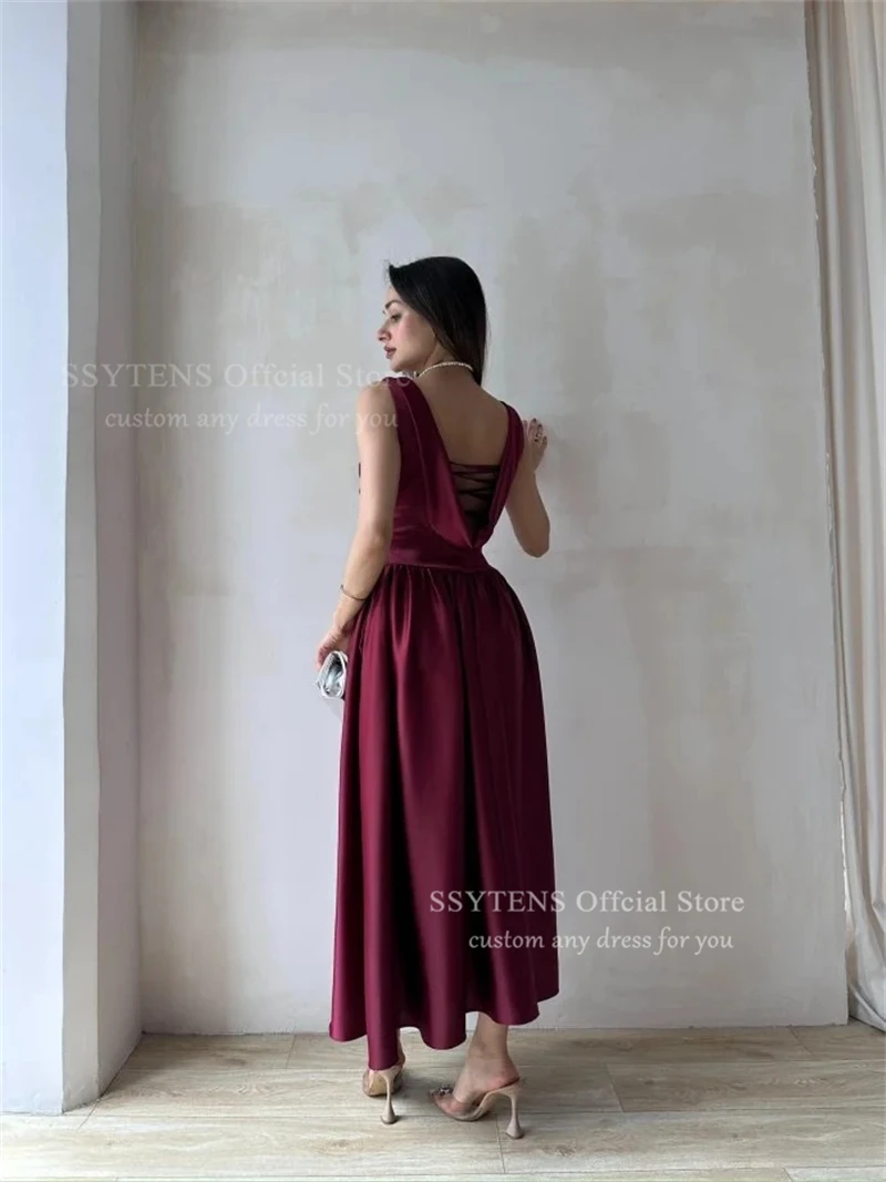 Gaun Malam Pernikahan Satin Seksi SSYTENS Gaun Prom Pengantin A-line Tanpa Lengan Midi Gaun Pesta Pernikahan Tanpa Punggung Disesuaikan 2026