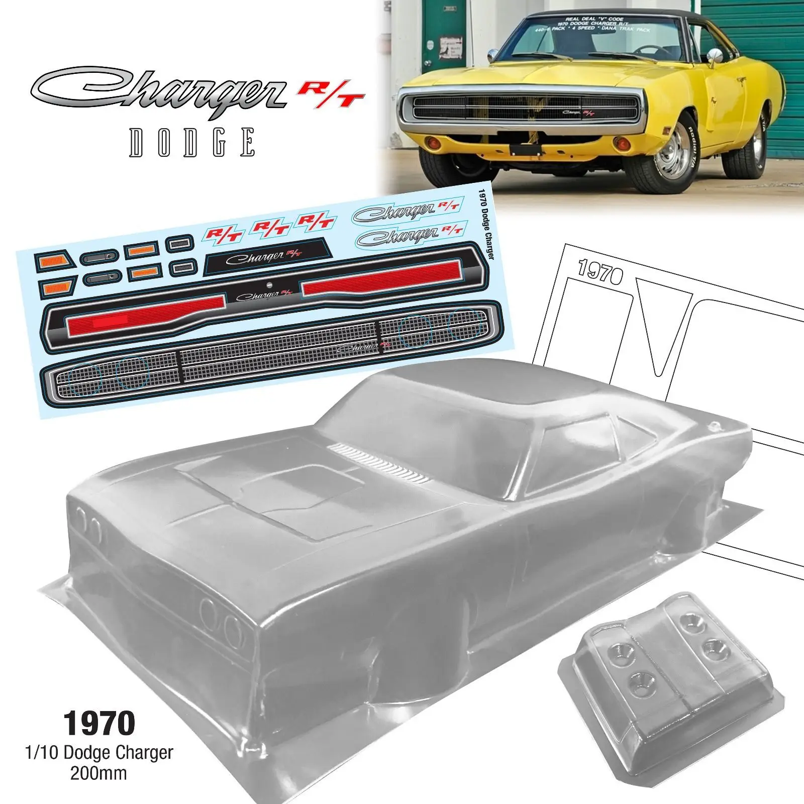 

1/10 PC RC shell body 1970 Charger R/T 200mm width classic V8 pony car Transparent shell body for 3RAICNG mst yokomo hpi hsp