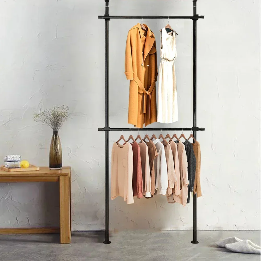 2 Tiers Rod Clothing Rack Adjustable Commercial Garment Closet Organizer Floor Closet Garment Rack Clothes Storage Hanger