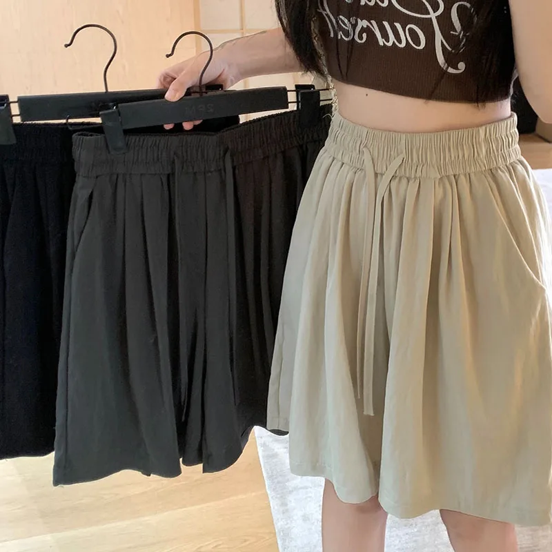 2024 Woman High Waist Folds Loose Shorts Girls Korean Fashion Y2k Clothes Slacks Female Harajuku Black Gray Apricot Shorts Pants