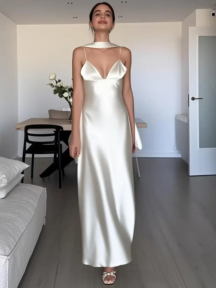 

Tuularose Summer Satin Fashion Long Dress Women Scarf V-Neck Backless High Waist Spaghetti Dress Evening Female Elegant Dress