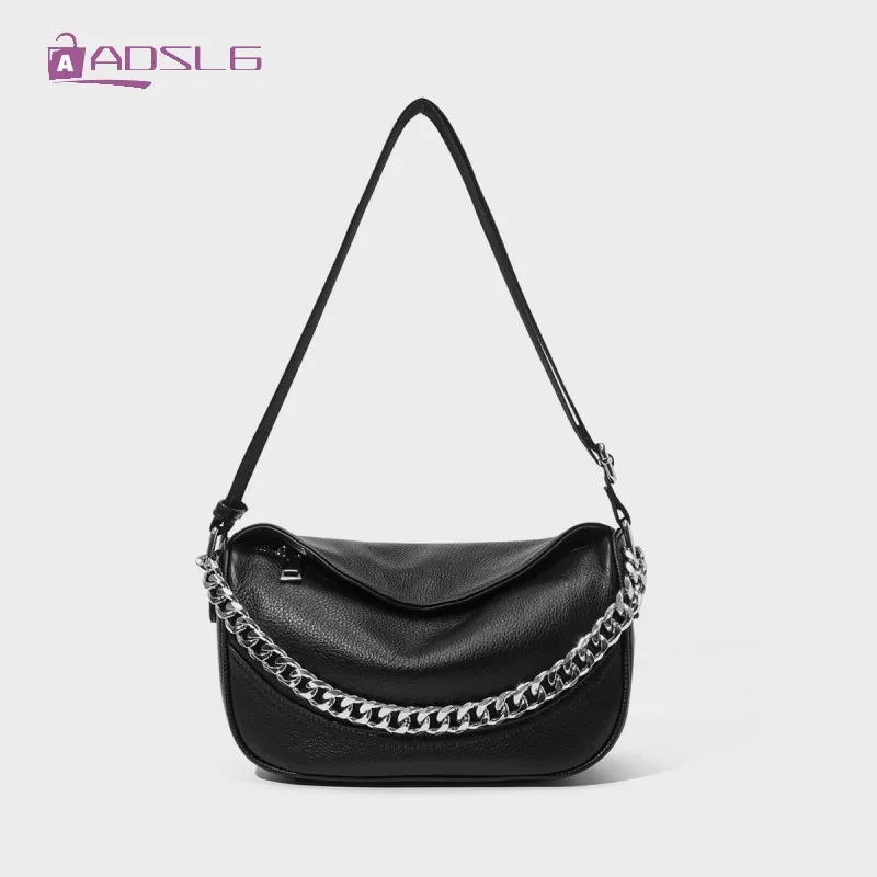 

High Sense Real Leather Womens New Crossbody Bags Female Leisure Fashion Underarm Foreign Style Wide Strap Chain Shoulder Bag