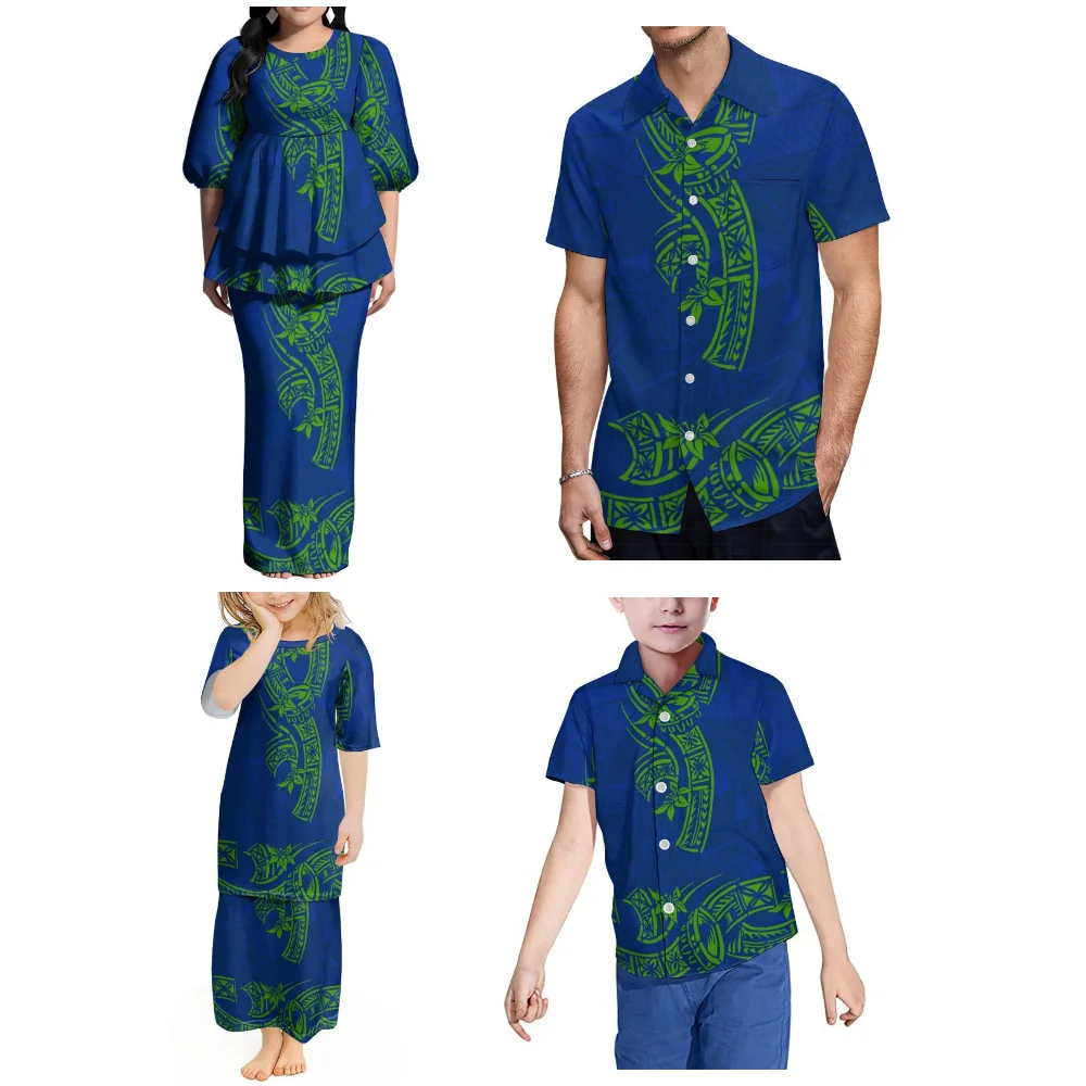 هاواي جولة الرقبة منتفخ الأكمام Puletasi المرأة فستان بتصميم بدلة البولينيزية القبلية مخصص الأسرة ارتداء قمصان الرجال والفتيان #2