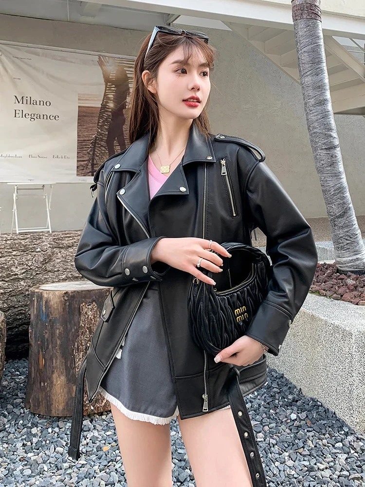 

Genuine Oversize Leather Coat for Women 2024 Trend Classic Simple High-end Soft Black Real Sheepskin Motorcycle Jackets