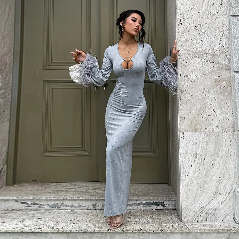 

Женское вечернее платье с шерстяными рукавами и v-образным вырезом с разрезом сзади, плиссированное платье для выпускного вечера с вырезом, серое новейшее прямое вечернее платье с талией, в наличии