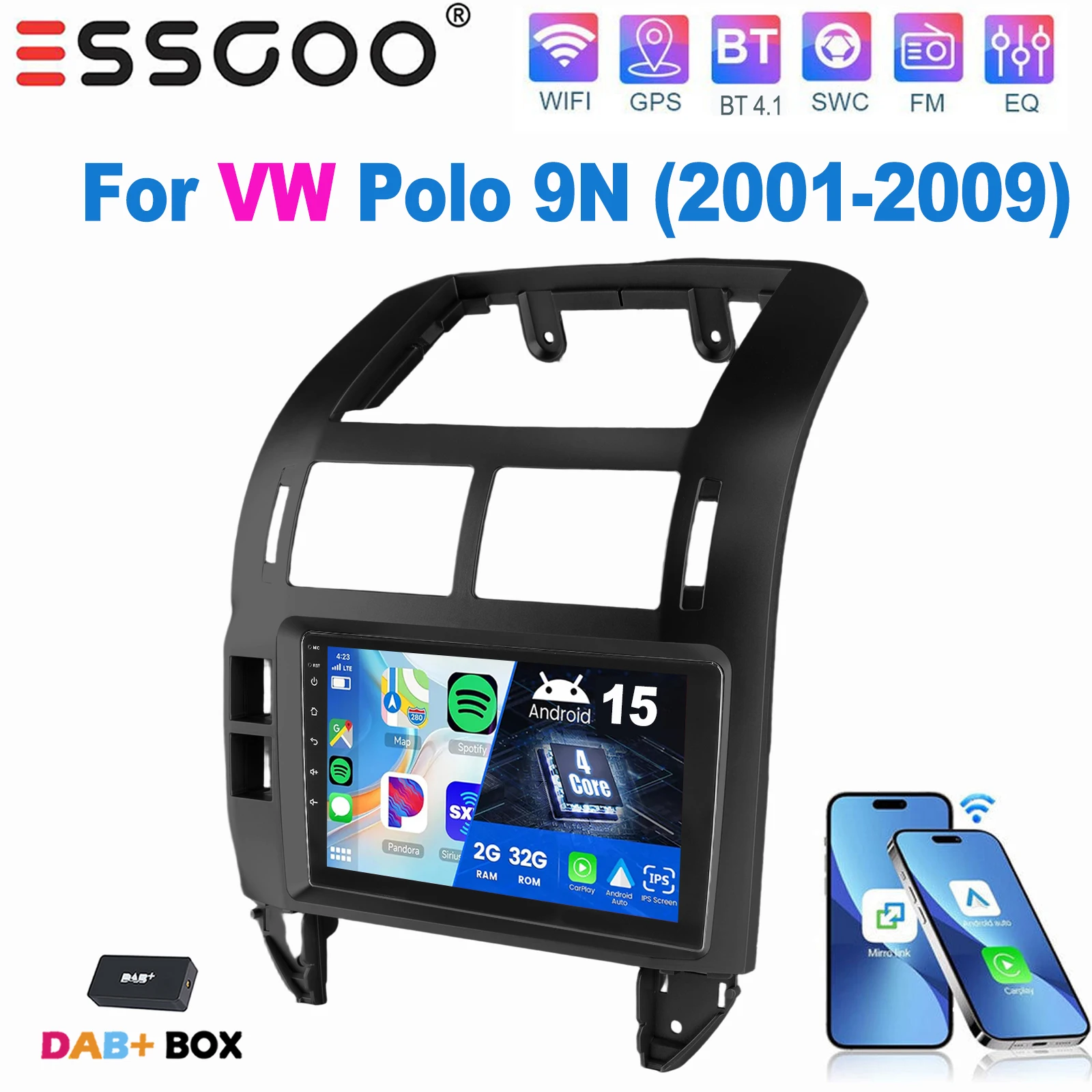 ESSGOO 9 Inch IPS Touchscreen Voor VW Polo 9N 2001-2009 Autoradio Apple Carplay Android Auto GPS Navigatie WIFI FM Stuurwielbediening RDS Android 15 Mirror Link Bluetooth ASP Geluid Split Screen