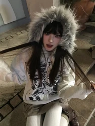 Subculture Faux Fur Coats with Hooded Women Long Sleeve Korean Fashion Jackets Chic Y2k Harajuku Sweatshirts Printed Outwear