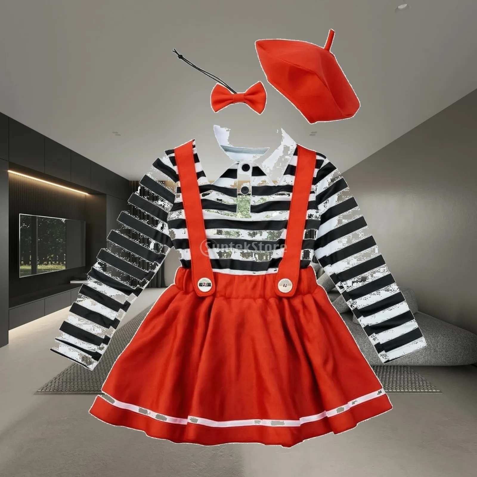 Girl Striped Long Sleeve Shirt and Red Skirt Outfit for Holiday Celebration Themed Dress Up