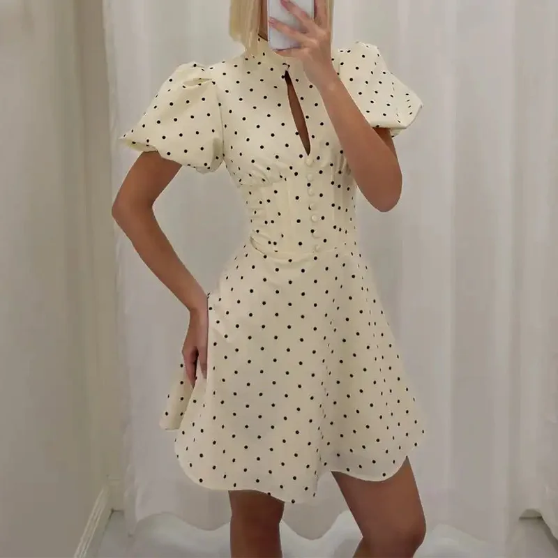 Women Polka Dot Dress Dresses Spring Summer Elegant Waist Lantern Sleeve Matching Set