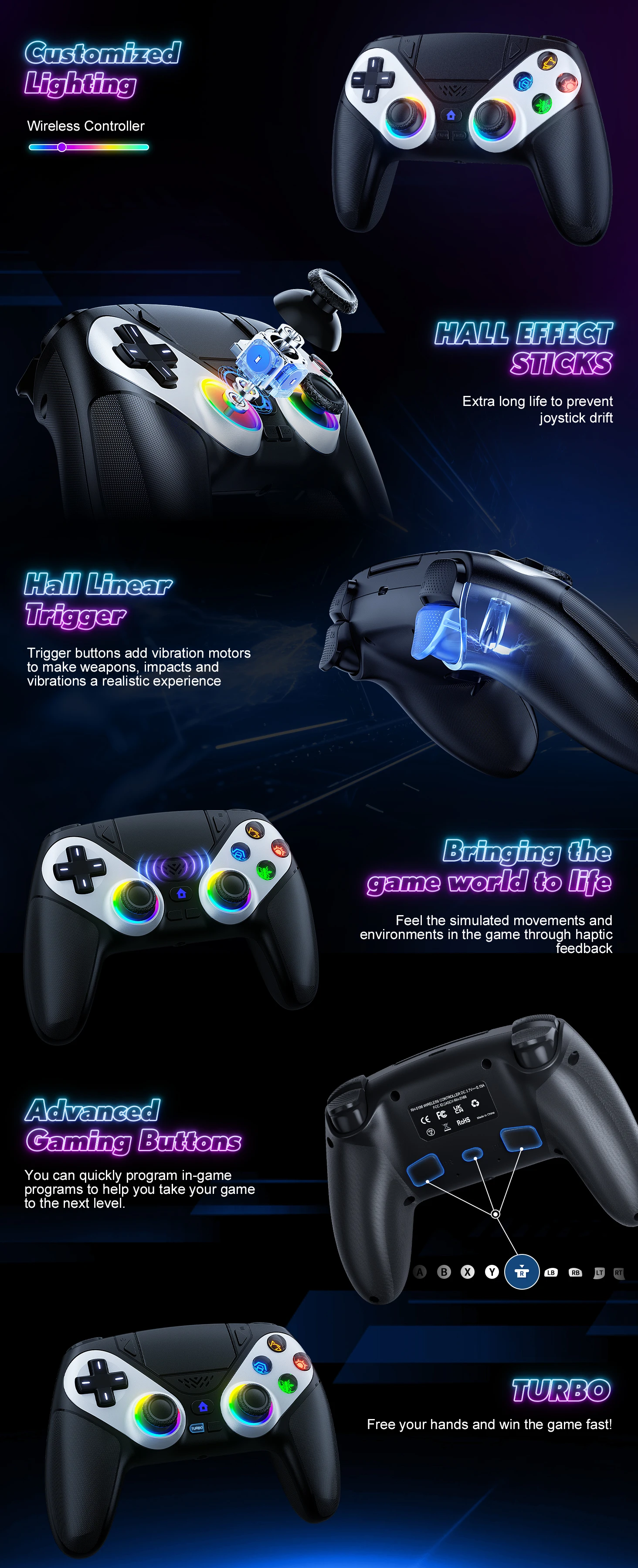 RGB Kabelloser PS5-Controller für PS5-Konsole mit Turbo-Touchpad, Vibrations- und Kopfhörerfunktion, Bluetooth, 3D-Hall-Trigger-Gamepad – Detail 15