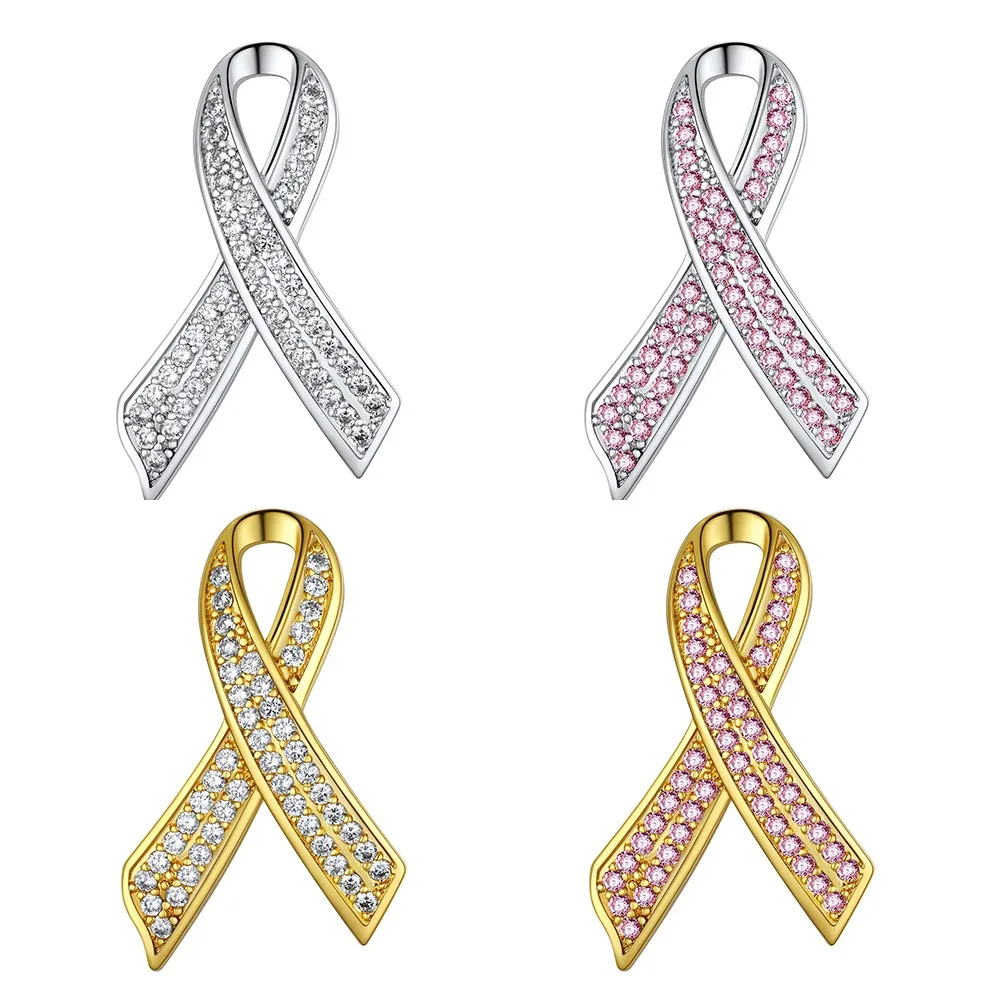 

ChainsPro Breast Cancer Brooches Lapel Pin Awareness Breast Cancer Pin White CZ Pink Ribbon Brooches for Women B214