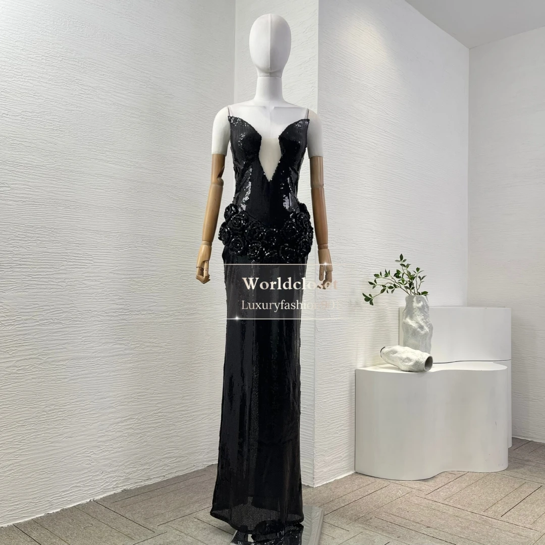 Vestido largo de tubo para fiesta 2025 Nuevo hermoso negro sin lentejuelas flores apliques atractivos