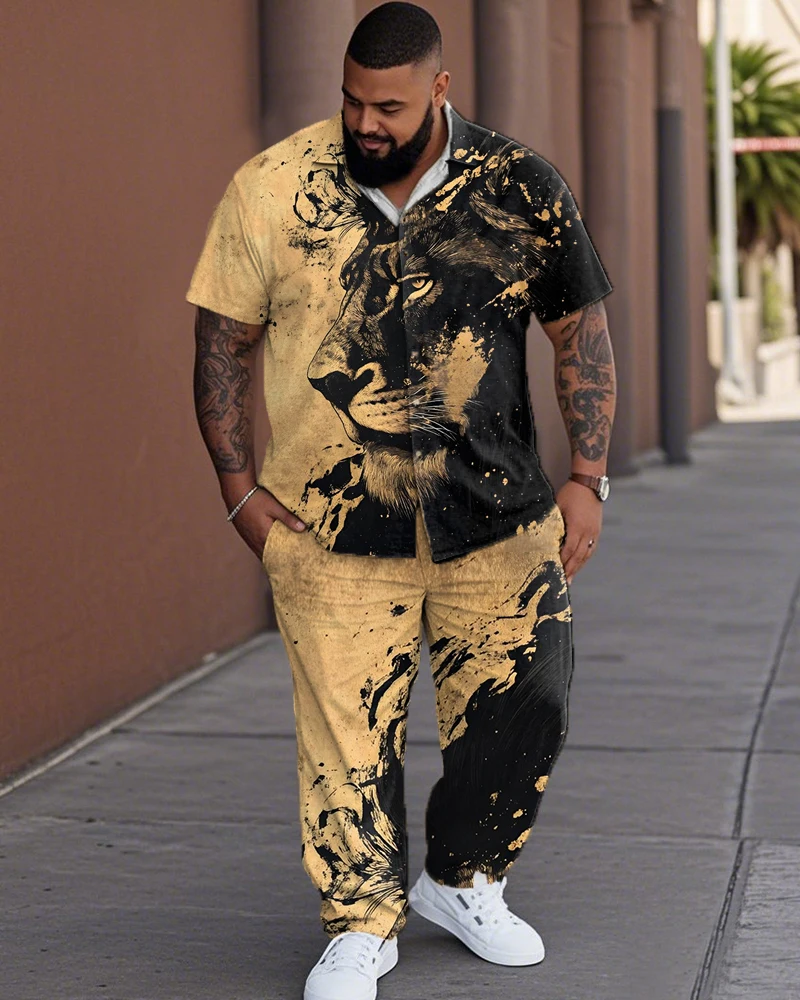 

S-9XL Мужская рубашка больших размеров контрастного цвета с короткими рукавами и брюки, комплект из 2 предметов, повседневный свободный крой, летний комплект