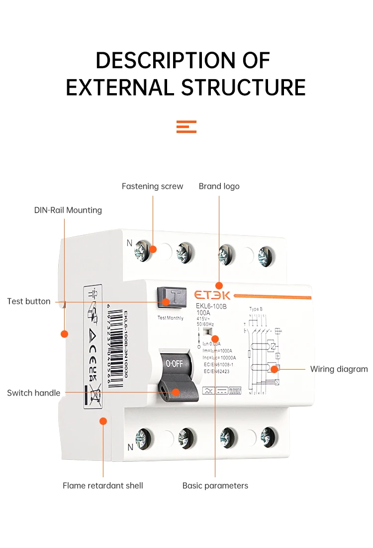 ETEK RCD RCCB Typ B Fehlerstrom-Schutzschalter für Erdung, EVSE 2P 4P 40A 63A 100A 30mA 300mA EKL6-100B DIN-Schiene 220V – Detail 4