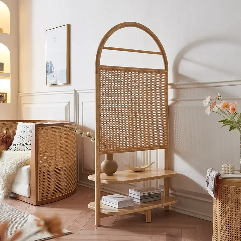 Nordic Solid Wood Rattan Screen Removable Retro Entrance Door Divider Japanese Style B&B Ins Rack for Home Decor Partition