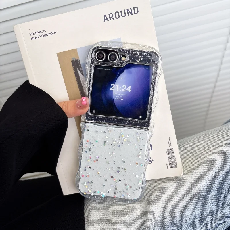 

Fashion Glitter Transparent Wave Border Phone Case For Samsung Galaxy Z Flip 7 6 5 Flip 4 3 6 Soft Shockproof Ultra Thin Cover