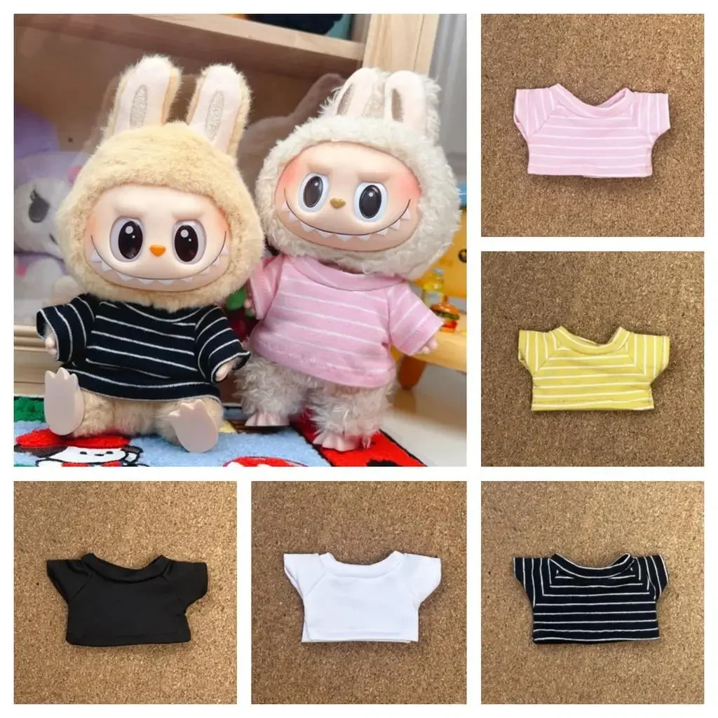 Para 17 cm labubu roupas de bebê de pelúcia vinil rosto boneca pingente labubu com camiseta versátil topo pequenas roupas para labubu