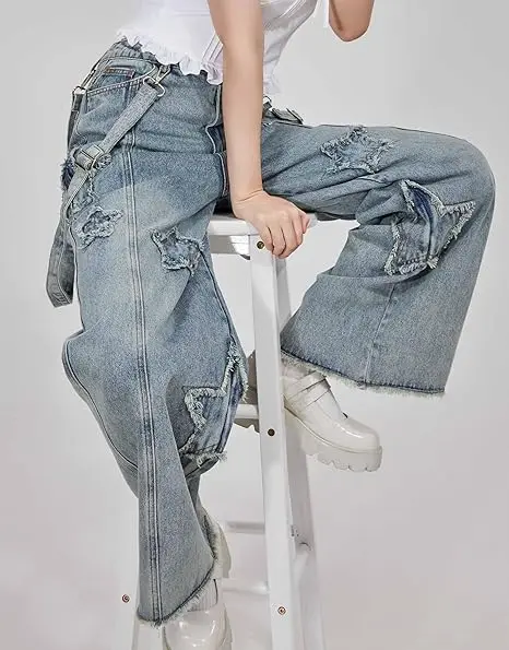 USA Stock-  Women's Wide Leg Baggy Denim Bib Pants Jeans Pants with Detachable Shoulder Straps and Pockets view 3