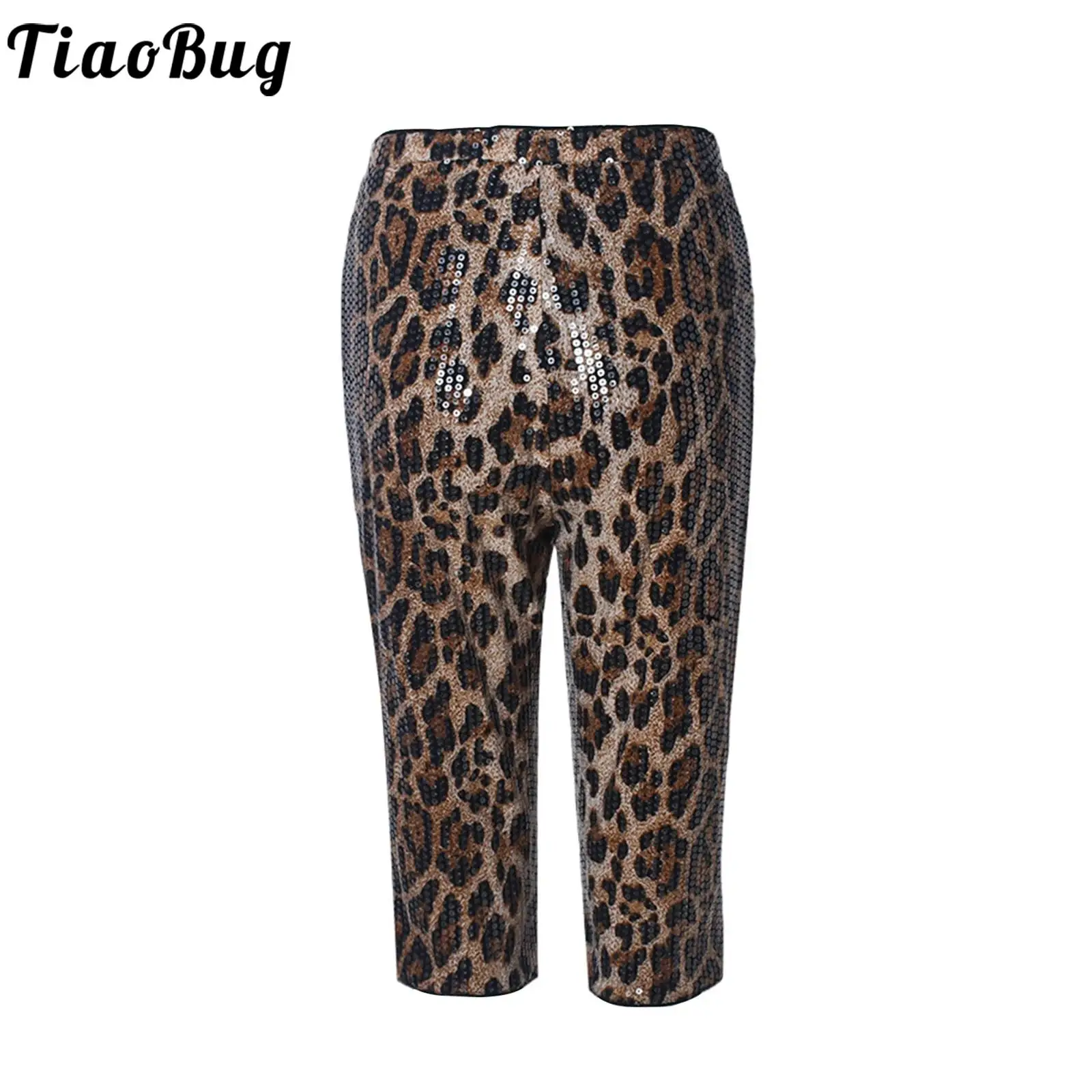 

Women Leopard Sequin Capri Pants Elastic Waistband Straight Leg Stretchy Half Pants Shorts for Club Disco Party Music Festivals