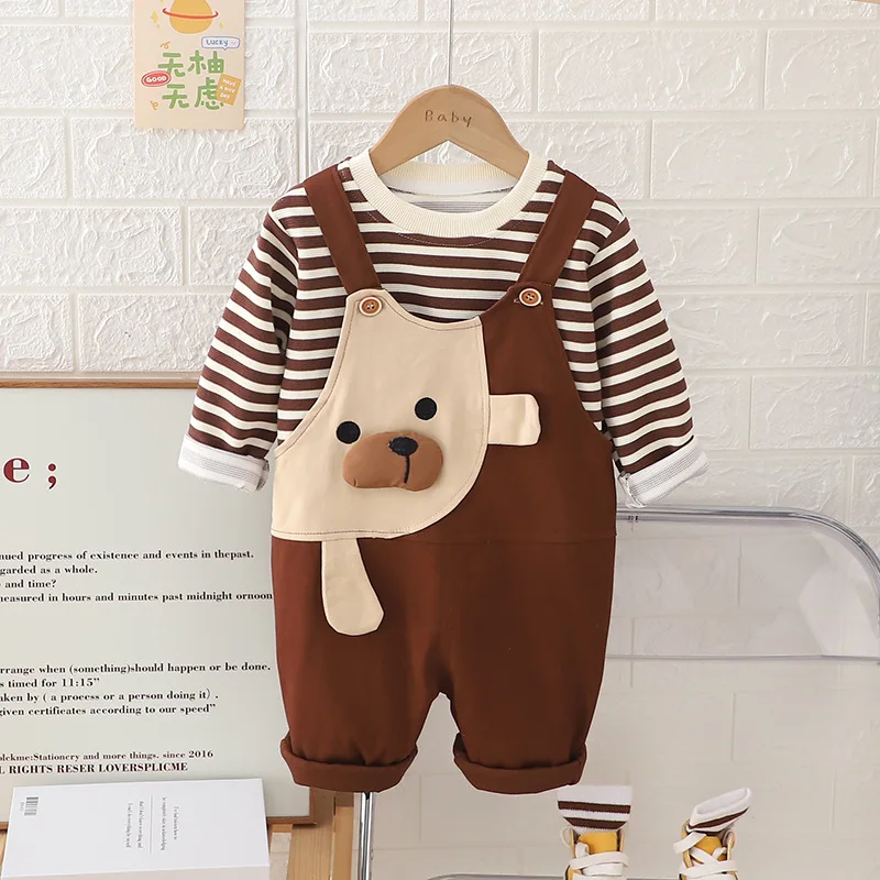 2024 Fall Baby Boys Designer Luxury Clothes Christmans Outfit for Boy Cartoon O-neck Long Sleeve T-shirts and Overalls Kids Set