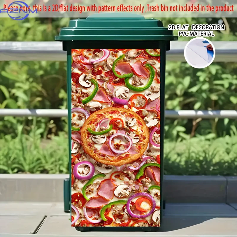 [2D Flat Printing] 1pc 2D Pattern Printed Kitchen Trash Can Sticker,  Delicious Supreme Pizza Theme Kitchen Home Decor Wall Pa