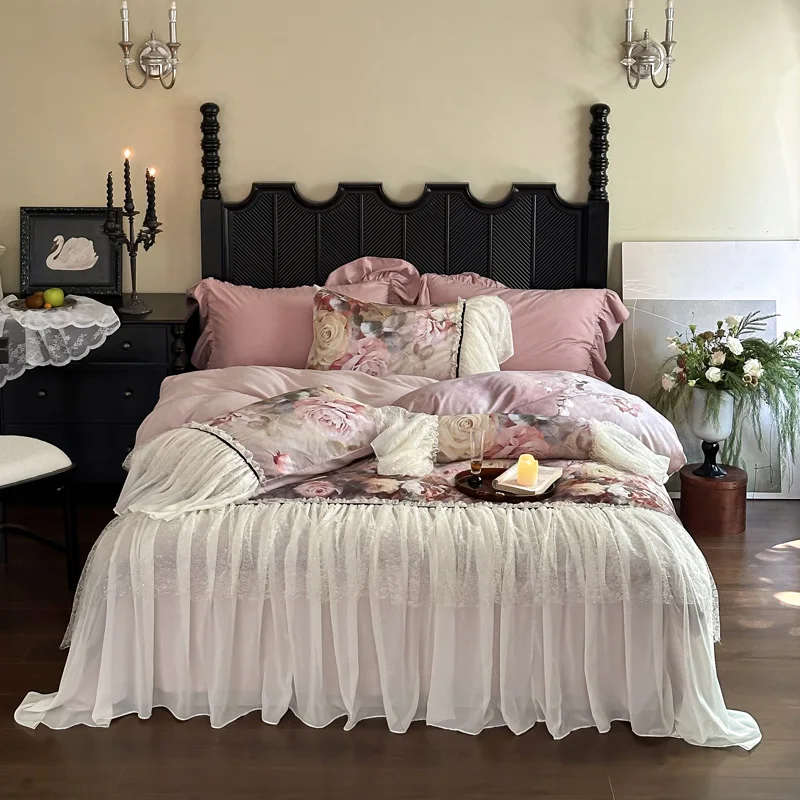 

600TC Egyptian Cotton Thickened Brushed Rose Print Lace Ruffles Bedding Set Duvet Cover Flat/Fitted Bed Sheet Pillowcases 4Pcs