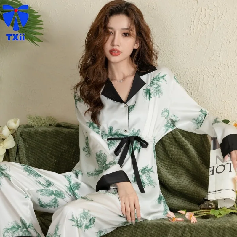 Spring and Autumn Ice Silk Pajamas Women's Drawback Tether suit High-end French Style Ice Silk Home Clothes Silky Naked Pajamas