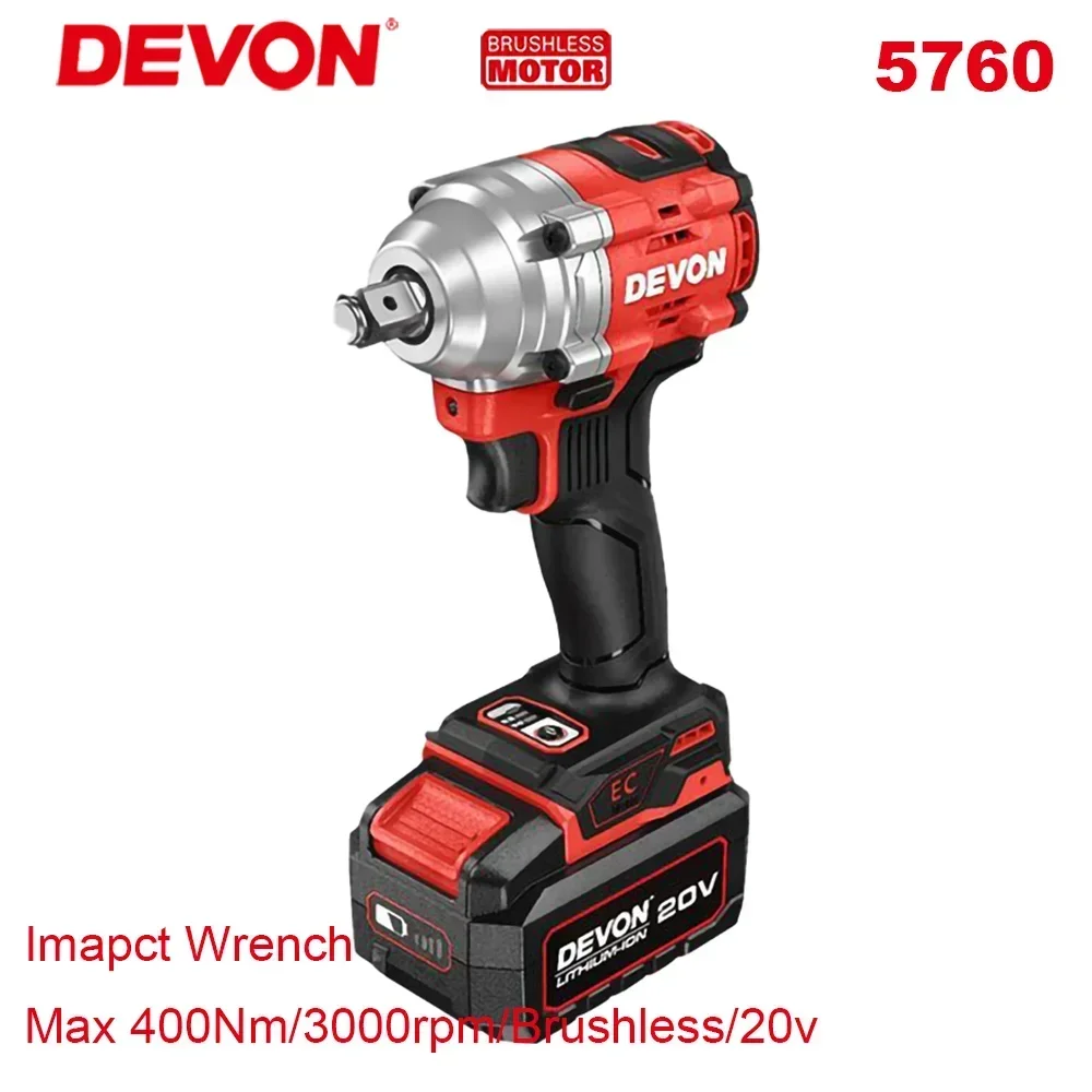 Devon 5760 Cordless Impact Wrench Brushless Motor 20v Max 400Nm 4200ipm 3 Speed and Torque Adjustable Universal Flex Battery