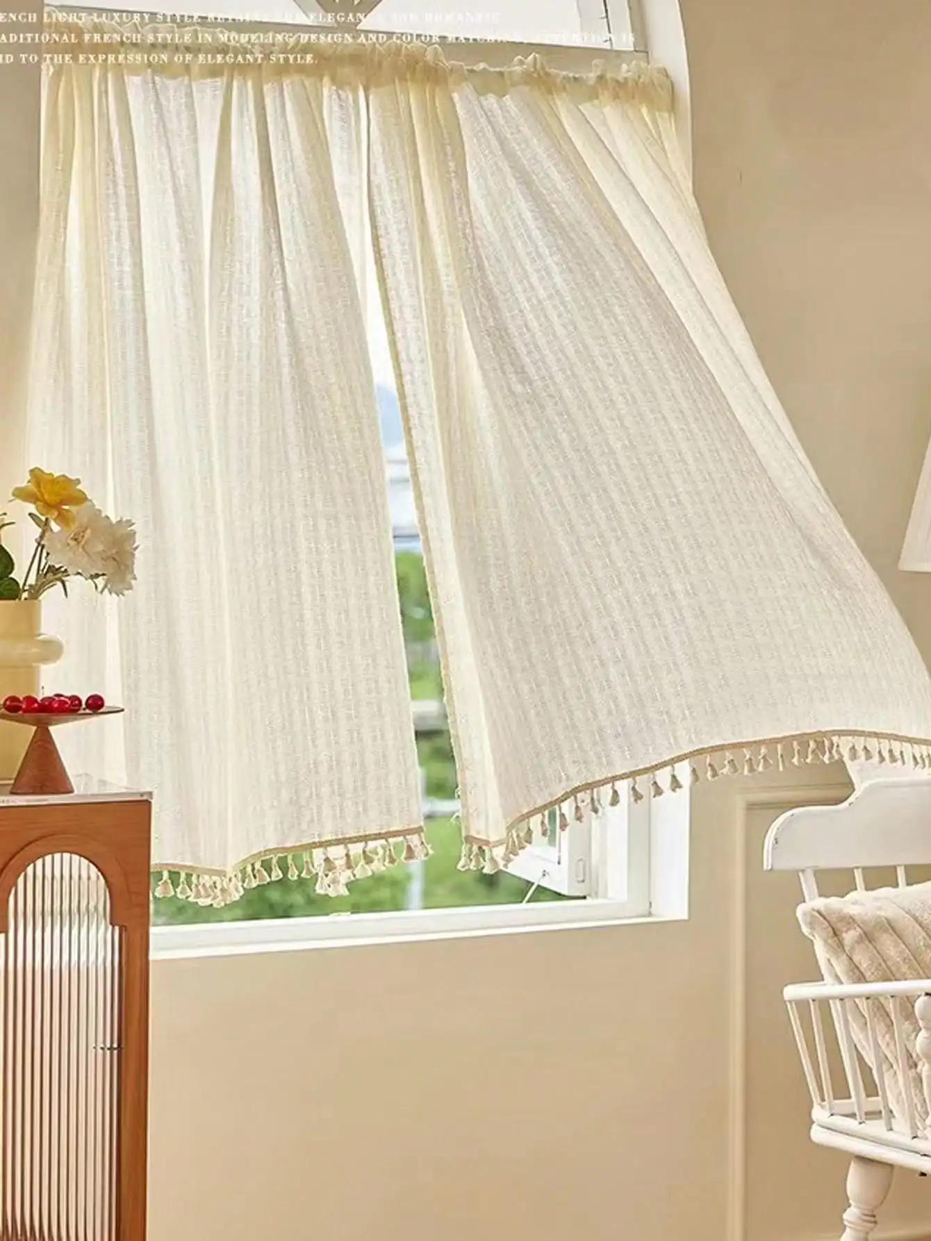 1Pc Natural Style Simple Beige Field Grid Curtain Single Piece Minimalist Window Treatment for Home Decor