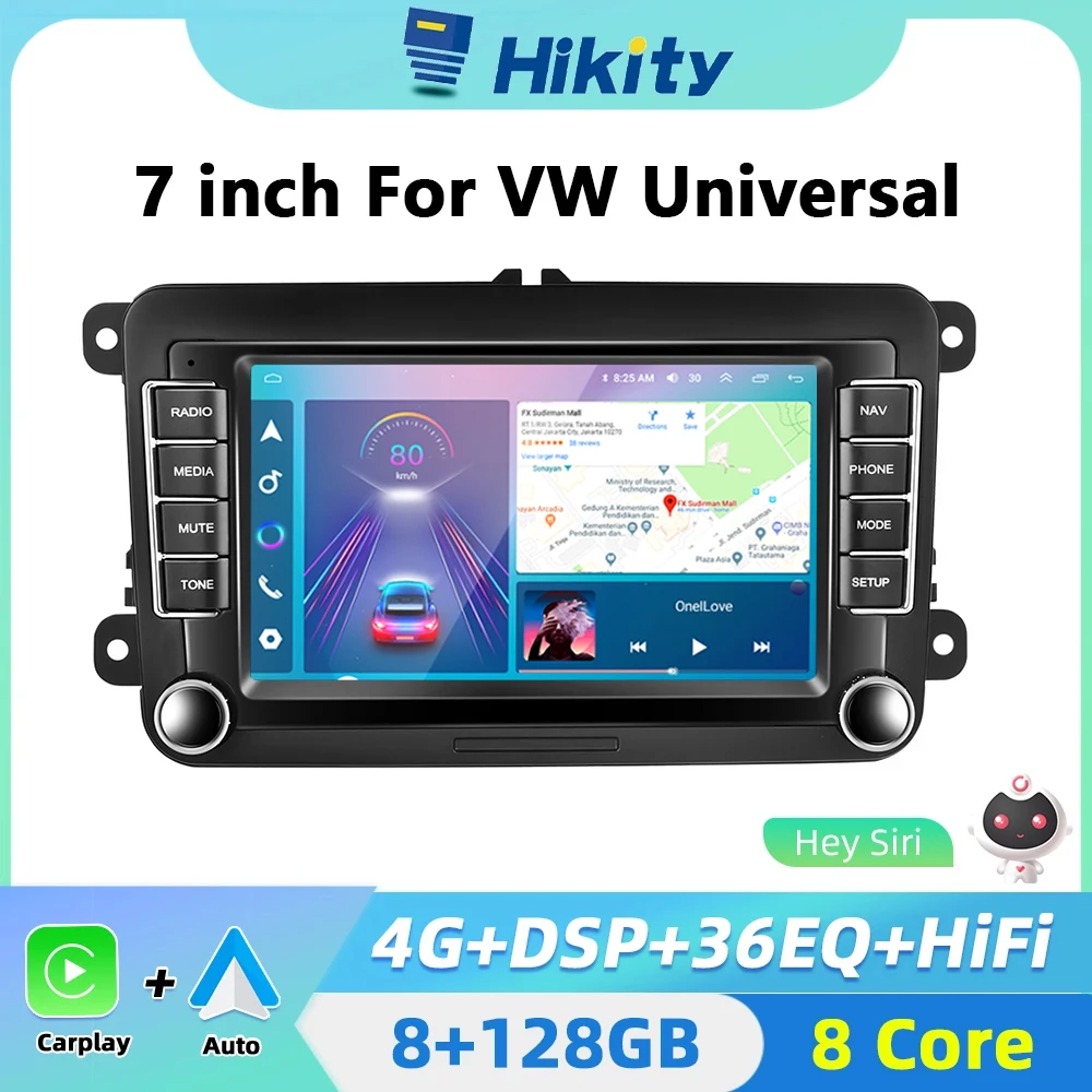 Hikity 8 Core 8+128G Android 2 din Car Radio Stereo Carplay For VW Golf Polo Skoda Rapid 7'' AI Voice 4G WIFI DSP QLED GPS