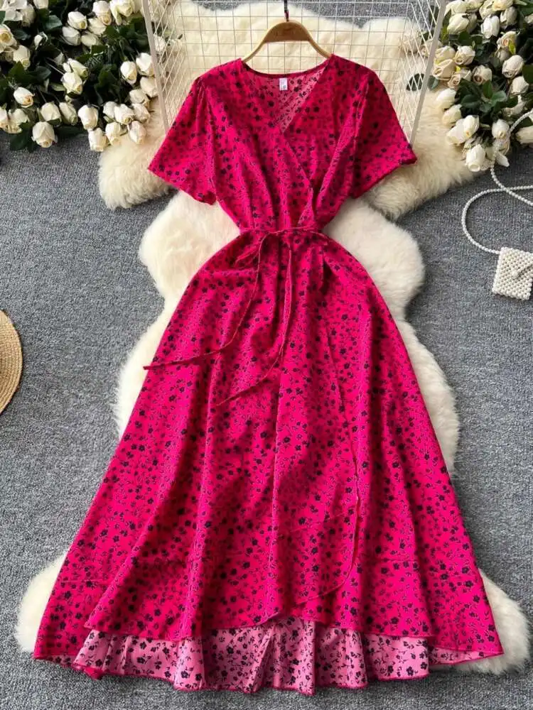 レディースプリントビーチドレス 夏 セクシー Vネック レースアップ 半袖 花柄ワンピース フレンチスリム Aライン ボヘミアン ロングローブ ワンピース