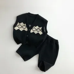 Autumn New Children Sleeveless Clothes Set Baby Boys Girls Knit Vest Cardigan + Shorts 2pcs Suit Kids Simple Casual Outfits