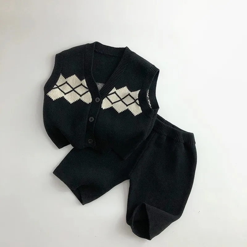 Autumn New Children Sleeveless Clothes Set Baby Boys Girls Knit Vest Cardigan + Shorts 2pcs Suit Kids Simple Casual Outfits