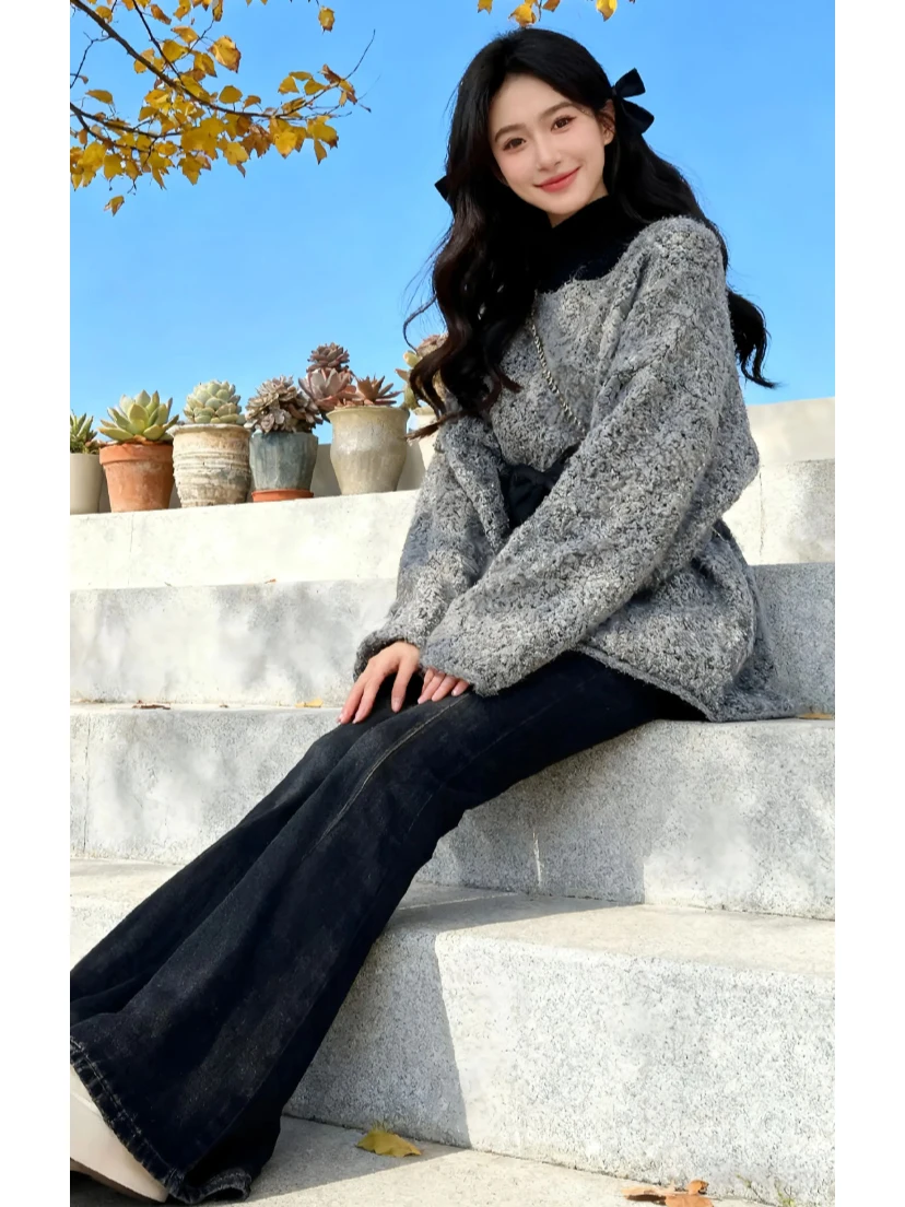 

Уникальный зимний комплект одежды, женский дизайнерский свитер для похудения с бантом на талии, свободные широкие брюки, комплект из двух предметов, Sli Commute Sle