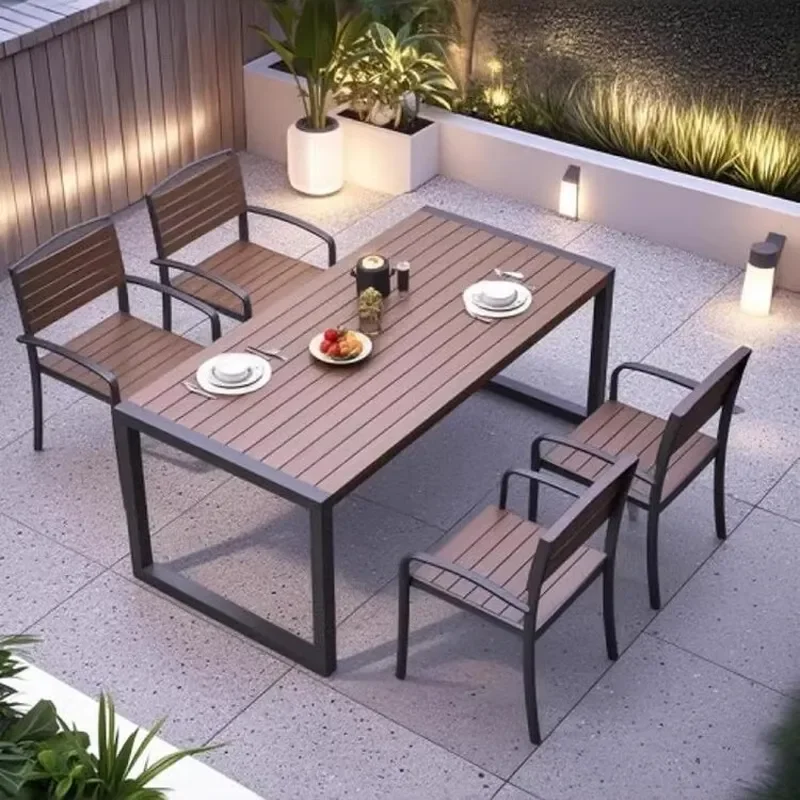 Outdoor Wrought Iron Patio Dining Set Waterproof Sunproof Plastic Wood Table and Chairs for Courtyard Park Balcony BBQ