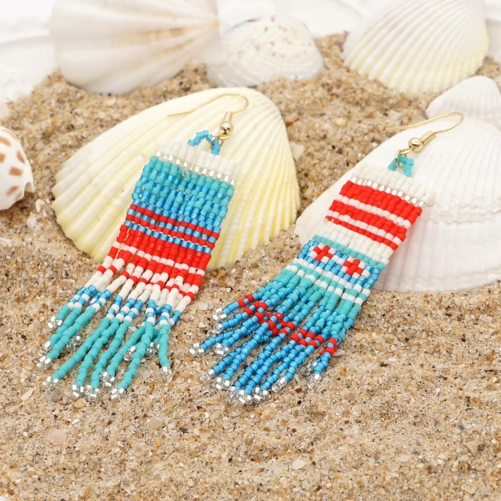 Fringe Earrings  Hand knitting  fashion  Beach breeze  cross  Beading  Bohemia  geometry  alloy  ma'am  Rice Bead Earrings