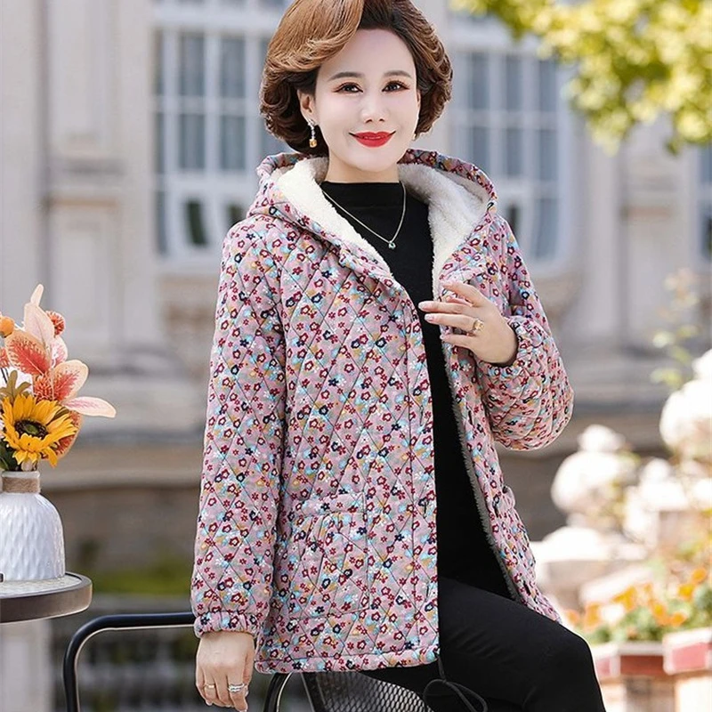 2024 New Warm Autumn Winter Coat Top Middle Aged Elderly Women's Cotton Coat Adding Velvet Thicken Hooded Printed Jacket Parker