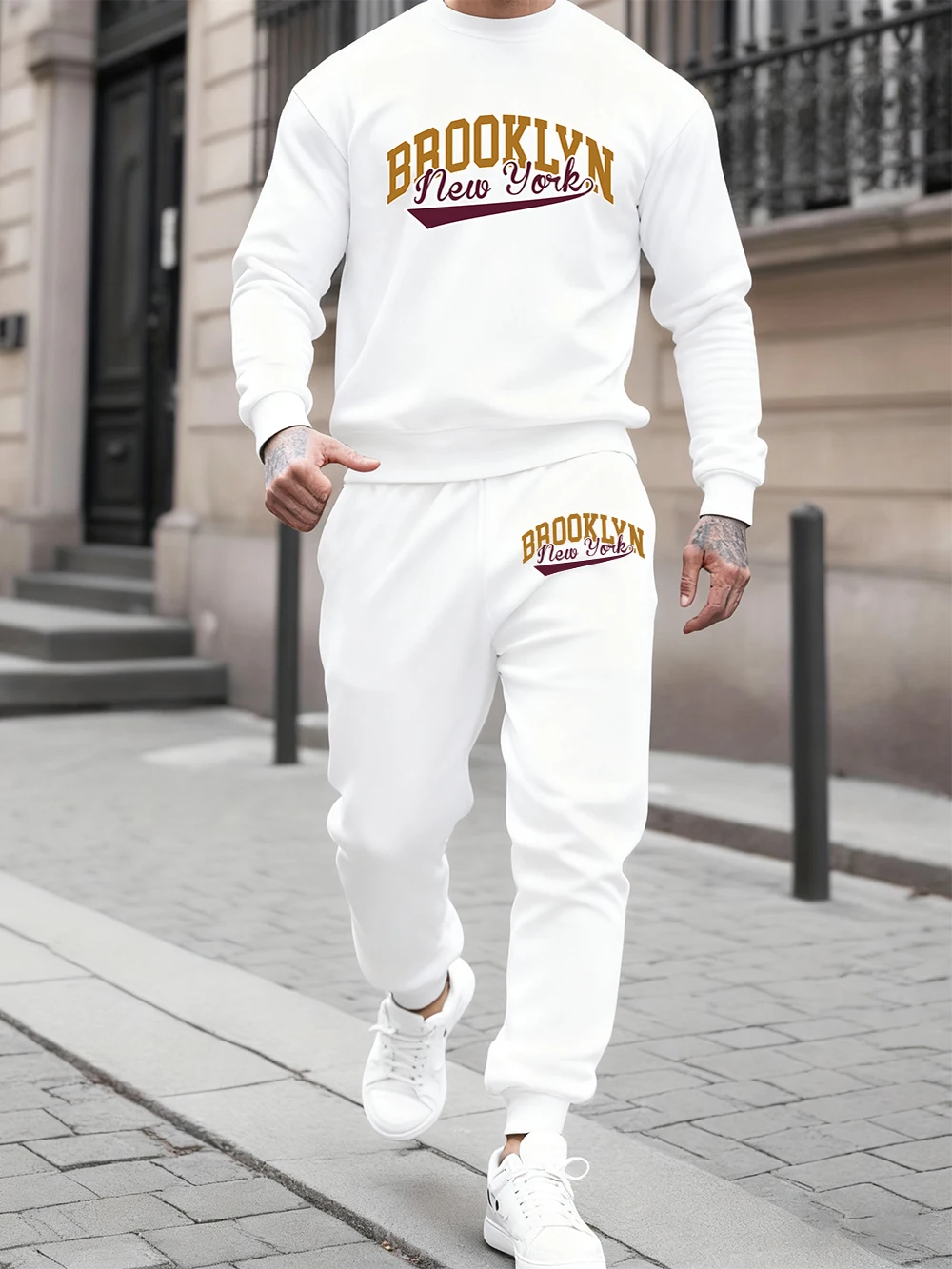 

2 Pcs Hoodie Set Mens Brooklyn New York Usa Prints Sweatpants Casual Fleece Crewneck Hoody Sporty Pants Winter Loose Clothes