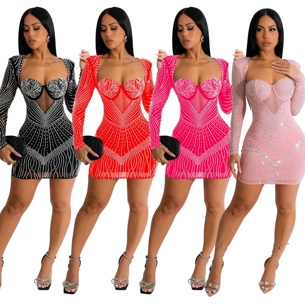 

Fashion Women Elegant Long Sleeves Rhinestones V Neck Mini Short Dress Party Gowns