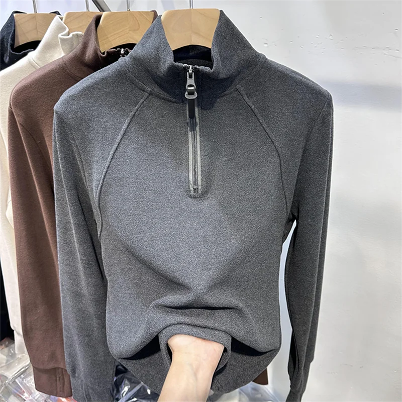 Warm Zipper Half Open Cardigan Long Sleeve Sweatshirt Women's Fashionable Simple Top Korean Style Loose Fit Polyester Blend