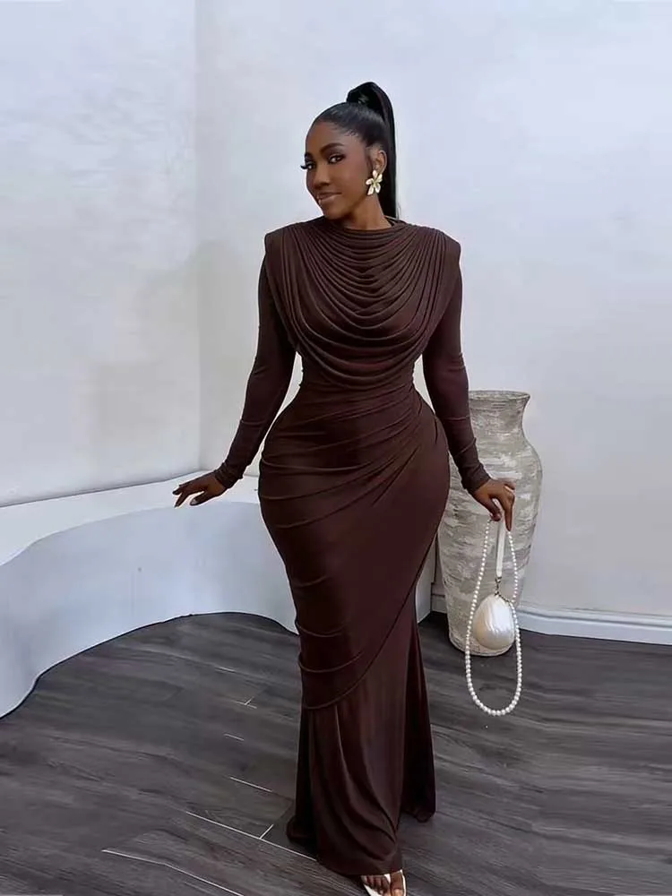 Chic and Elegant Women's Evening Dress Mesh Draped Collar Long Sleeve Bodycon Mid Dress Slim High Waisted Sexy Ladies Dress