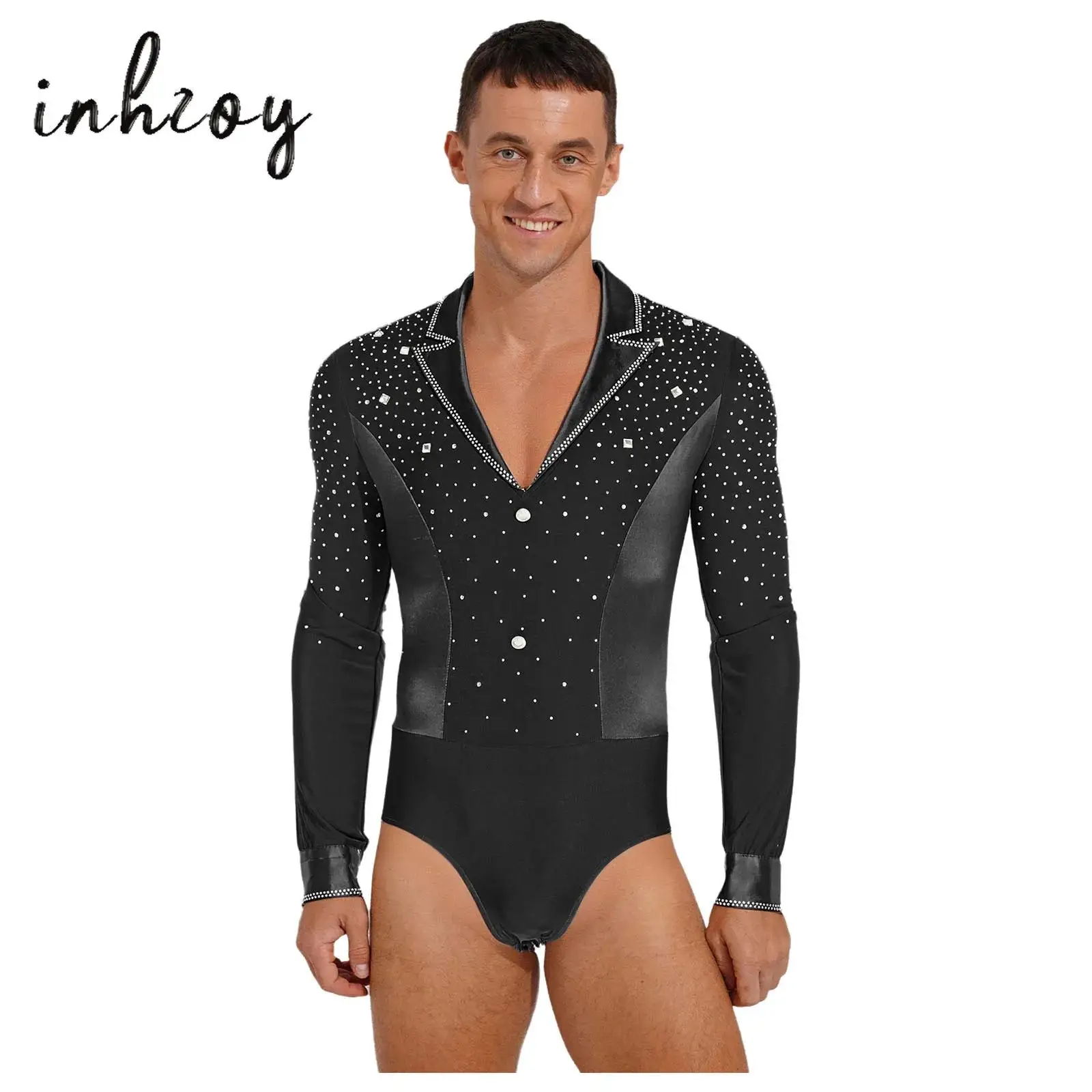

Mens Figure Skating Dance Bodysuit Glittery Rhinestone Lapel V Neck Long Sleeve Openable Crotch Leotard for Chacha Tango Latin