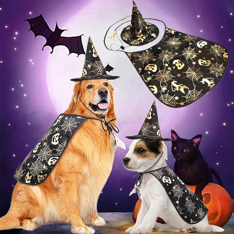 New Halloween Pet Wizard Set Adjustable Fun Puppy Hat Costume for Medium Large Dogs Cats Cool Cosplay Party Costume Decoration