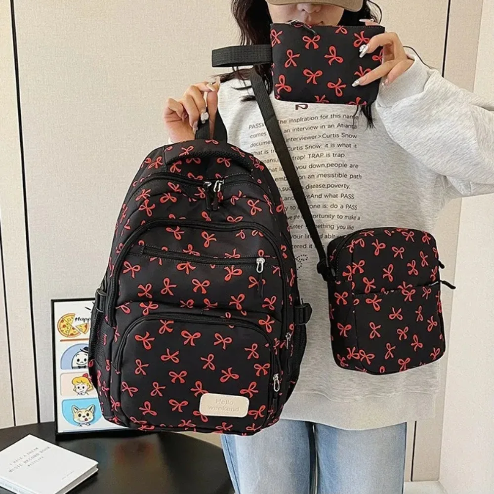 3 Pcs/Set Cute Large Capacity Bow Backpack Nylon Adjustable Strap Student Backpack Bow Print Travel Backpack