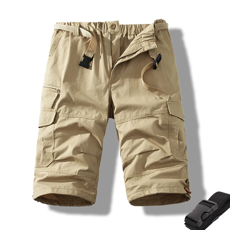 Man Shorts Casual Pants Light Weight Cotton Long Shorts Below Knee 3/4 Pants Elastic Waist with Belt Cargo Shorts