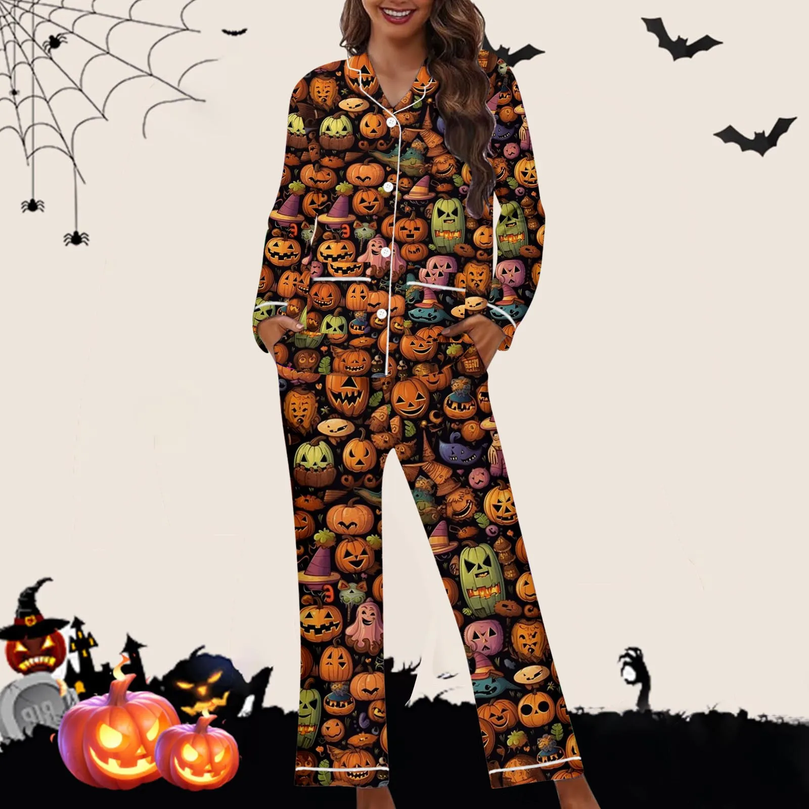 Cute Pumpkin Print Halloween 2 Pieces Pajamas Set Long-Sleeve Spooky Casual Pajamas Women Daily Lapel Comfortable Sleepwear