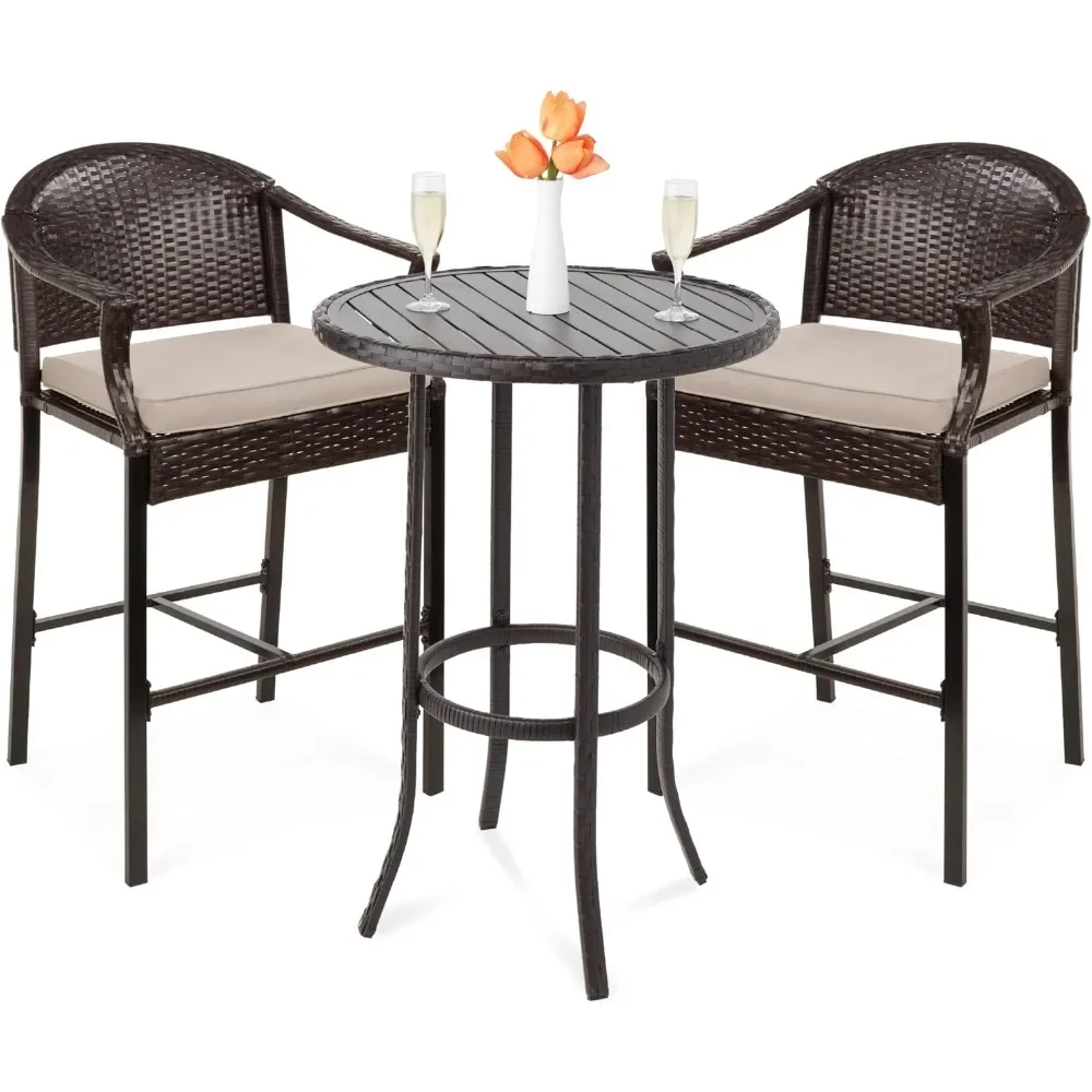 

Patio Bar Table Set, Outdoor Wicker Bar Height Bistro Furniture for Backyard, Poolside, Balcony w/Barstools, Cushions