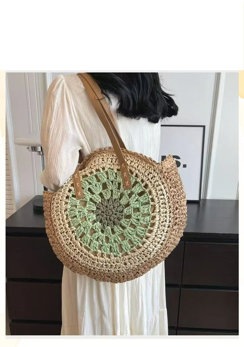 Handgewebte Sommer-Rundstrohtasche im Bohemian-Stil für Damen – Lässige Strand- und Urlaubstasche aus umweltfreundlicher Faserkunst – Detail 4