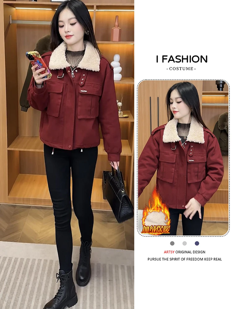 

Thiened Pure Cotton Fce Lined ort Jaet Women's Casual Sle Winter Warm Top Slimming Versatile Commute Korean Version